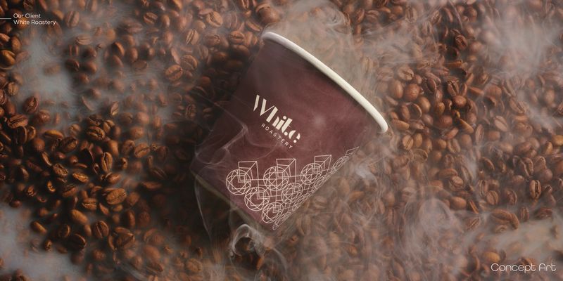 Cup among coffee beans and smoke
